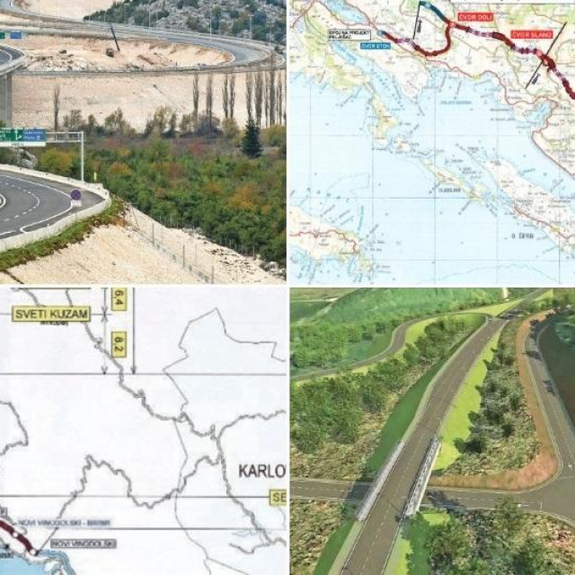 Gore lijevo: Gradilište autoceste Vrgorac - Čvor Ploče i brze ceste Čvor Ploče - Karamatići; gore desno: dubrovačka autocesta najskuplja je koja će se graditi u Hrvatskoj; dolje lijevo: dionica ceste od Križišća do Selca mogla bi stajati oko 420 milijuna eura: dolje desno: čvor Doli
