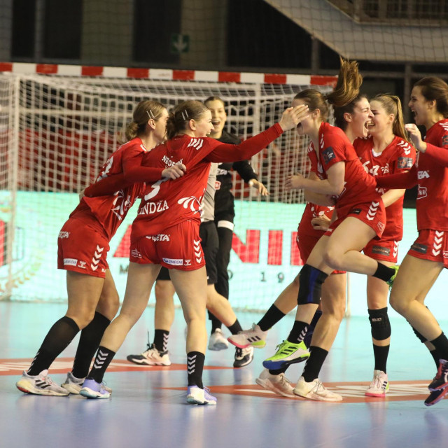 Koprivnica, 140124.
U dvorani Josip Samarzija - Bepo igra se 2. kolo EHF Europske lige za rukometasice RK Podravka - Nykobing.
Na fotografiji: Slavlje igracica Podravke.