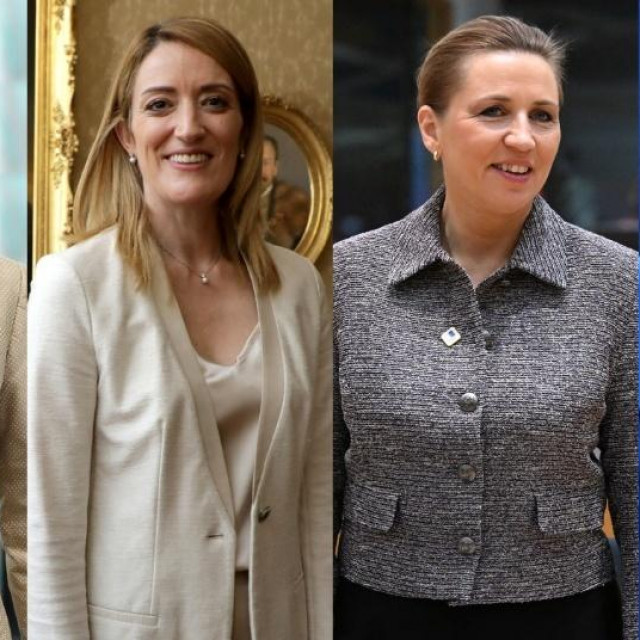 Ursula von der Leyen (lijevo) trebala bi ostati predsjednica Europske komisije; Roberta Metsola (druga slijeva) trebala bi ostati predsjednica Europskog parlamenta; Mette Frederiksen (druga zdesna) konkurira za poziciju šefice Vijeća Europe; Kaja Kallas (desno) spominje se kao moguća visoka predstavnica za vanjske poslove i sigurnosnu politiku