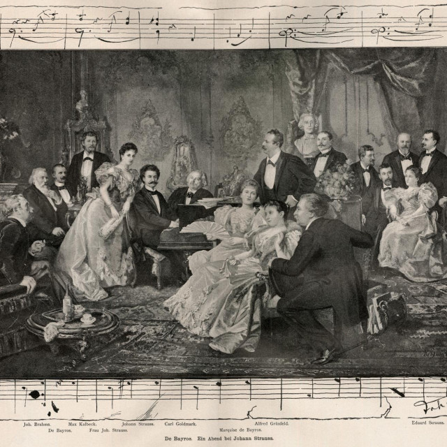 Johann Strauss Johannes Brahms, Max Kalbeck, Johann Strauss, Carl Goldmark, Alfred Grunfeld, Eduard Strauss, De Bayros, Mrs Strauss, Marquise De Bayros