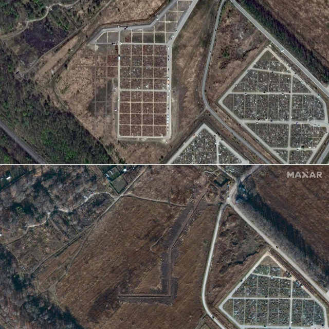 Groblje u Bogorodskoji u Rusiji snimljeno 23. veljače 2024. i 21. listopada 2021. godine. Snimio Maxar technologies.

 