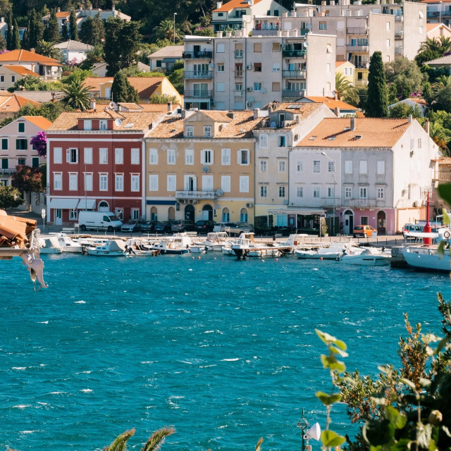 Historic center and beautiful marina of Kvarner bay of Mediterranean village Mali LoĹĄinj on Croatia island LoĹĄinj