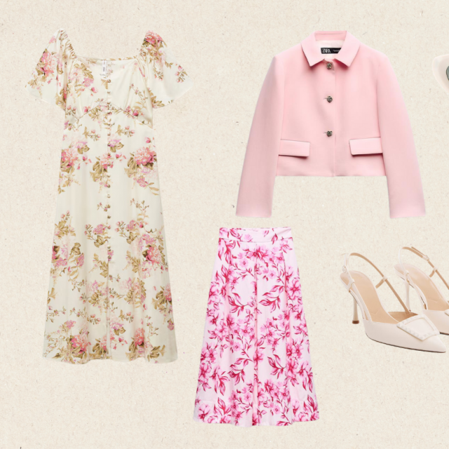 Mango šarena haljina od mješavine lana s gumbima (45,99 eura)/Zara midi suknja s cvjetnim uzorkom (35,95 eura)/Zara ružičasti kratko rezani blejzer (49,95 eura)/Mango cipele s otvorenom petom na visoku potpeticu (49,99 eura)/Zara mačkaste naočale s acetatnim okvirom (39,95 eura)/Zara ružičaste široke hlače s pojasom (39,95 eura)