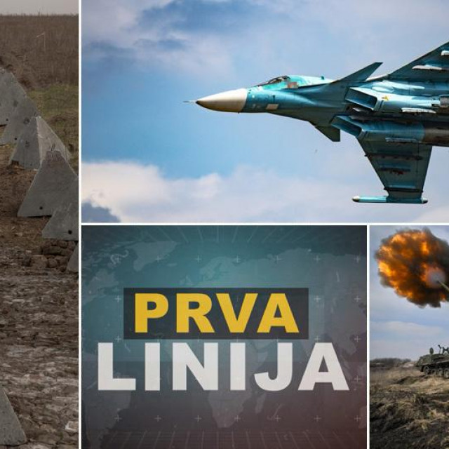 Ukrajinska obrambena linija; ruski borbeni avion Su-34; ruski vojnik puca iz haubice