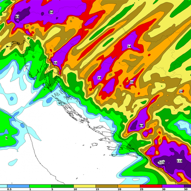 Količina oborine tijekom utorka i srijede