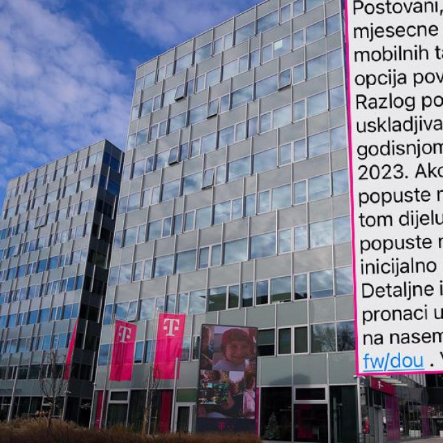 Zgrada Hrvatskog telekoma i screenshot poruke korisnicima HT-a