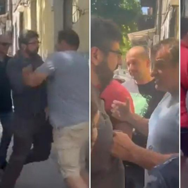 Miodrag Sovtić gura Radomira Lazovića (prva i druga slika); Miodrag Sovtić udara građanina (treća i četvrta)