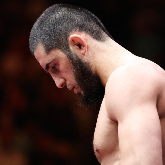 NEWARK, NEW JERSEY - JUNE 01: Islam Makhachev of Russia is introduced before in his lightweight bout against Dustin Poirier of Russia during UFC 302 at Prudential Center on June 01, 2024 in Newark, New Jersey. Luke Hales/Getty Images/AFP (Photo by Luke Hales/GETTY IMAGES NORTH AMERICA/Getty Images via AFP)