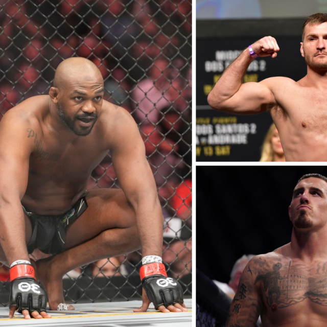 Jon Jones (lijevo) | Stipe Miočić (gore desno) | Tom Aspinall (dolje desno)
