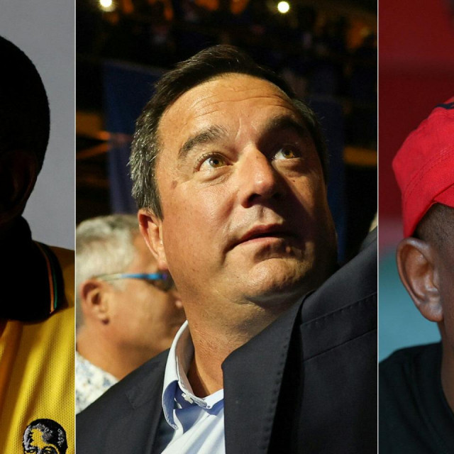 Cyril Ramaphosa (lijevo), John Steenhuisen (centar) i Julius Malema (desno).