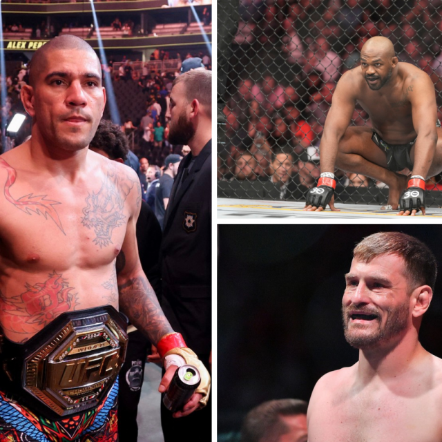 Alex Pereira (lijevo) | Jon Jones (gore desno) |Stipe Miočić (dolje desno)