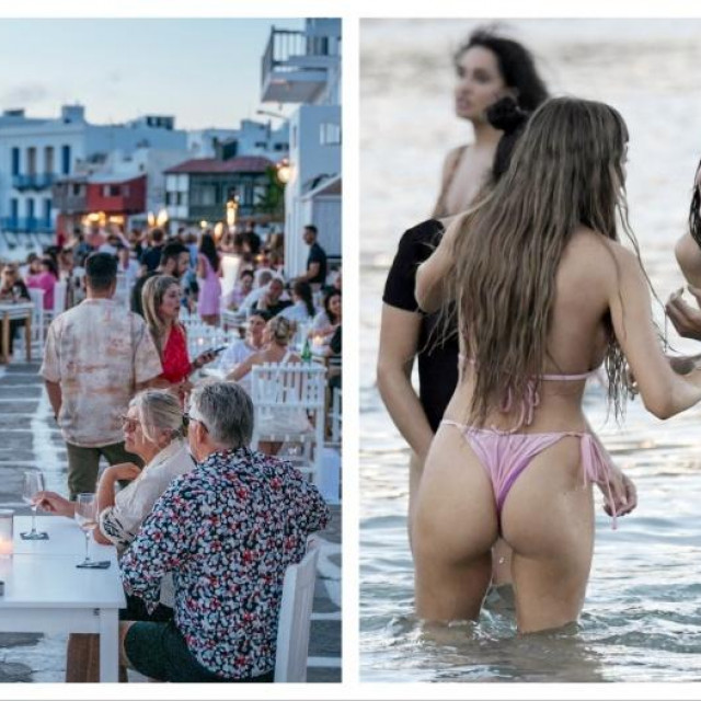 Panorama Mykonosa. Otok svakog ljeta posjećuju brojni jet-seteri, bogati i slavni iz svijeta šoubiza, mode, glazbe i filma. Na fotografiji: Kendall Jenner i Shanina Sheik uživaju na Mykonosu