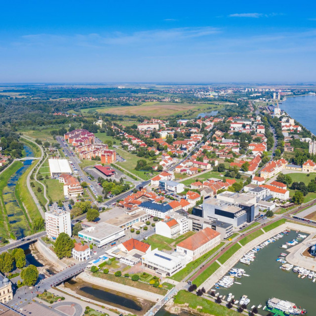 Aerial view of the city of Vukovar and Danube river, Slavonia and Srijem regions of Croatia