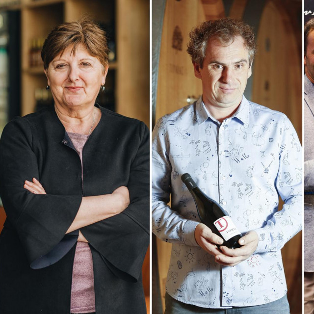 Marino Markežić, vlasnik vinarije Kabola; Nerina Zec, predsjednica Uprave Agrolagune; Vinar Tomislav Tomac; Albert i Nikola Benvenuti