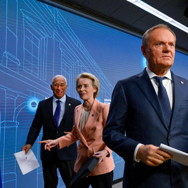 Poljski premijer Donald Tusk, predsjednica Europske komisije Ursula von der Leyen i predsjednik Europskog vijeća Antonio Costa