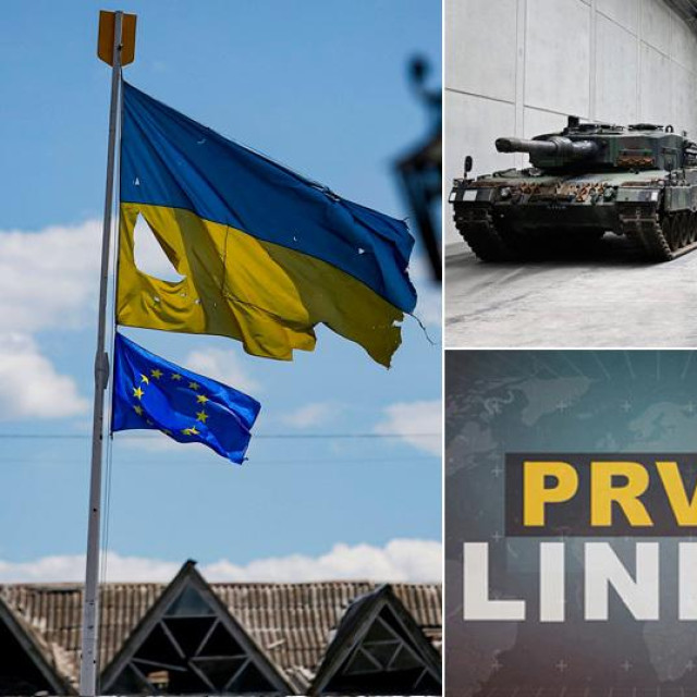 Ukrajinska i EU zastava; pogon Rheinmetalla; prizor s bojišta, ukrajinski vojnici ispaljuju projektile