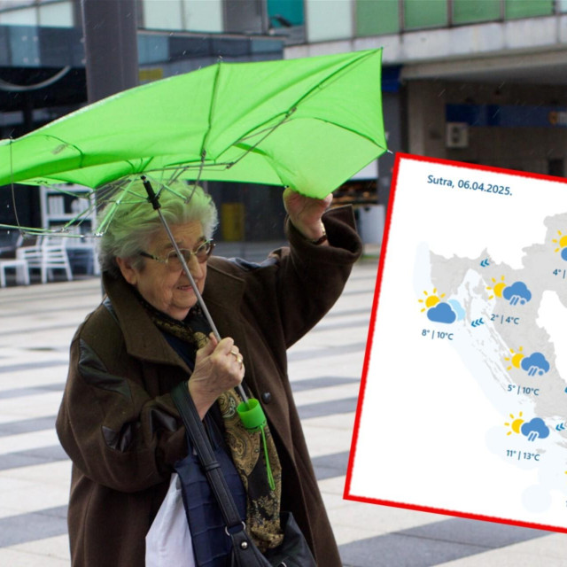 Gospođa s kišobranom bori se s vjetrom, vremenska prognoza