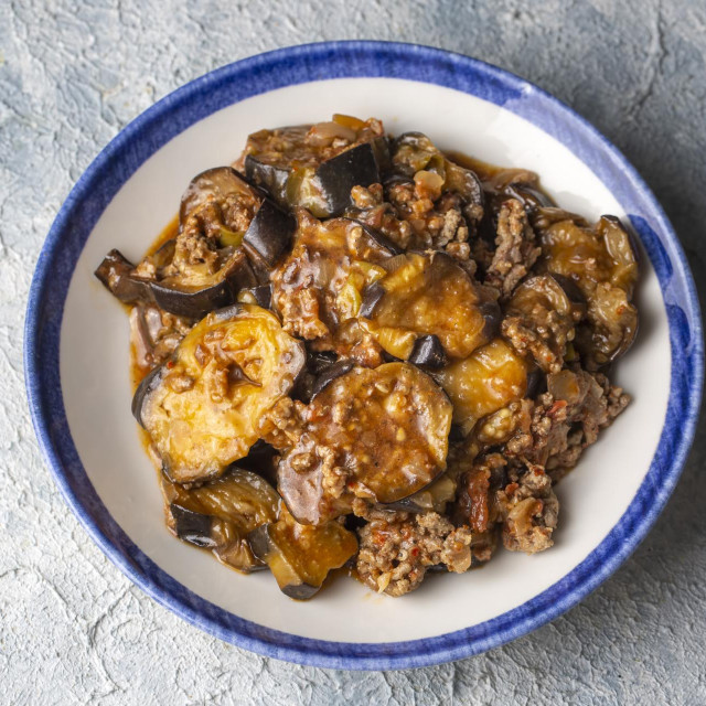Traditional delicious Turkish food; eggplant moussaka (Turkish name; Patlican musakka and cacik)