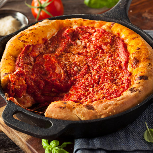 Homemade Skillet Deep Dish Chicago Pizza with Mozzarella