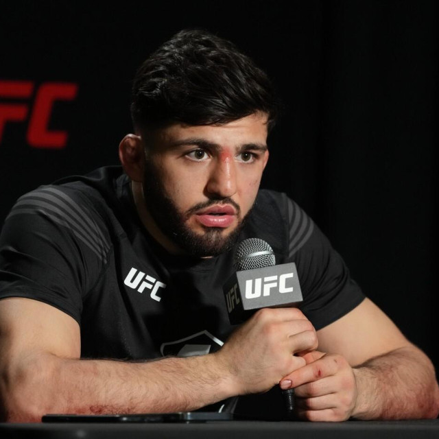 February 26, 2022, LAS VEGAS, LAS VEGAS, NV, United States: LAS VEGAS, NV - FEBRUARY 26: Arman Tsarukyan meets with the press following the win at the UFC Apex for UFC Vegas 49 - Makhachev vs Green event on February 26, 2022, in Las Vegas, NV, United States.,Image: 665161227, License: Rights-managed, Restrictions:, Model Release: no, Credit line: Louis Grasse/Zuma Press/Profimedia
