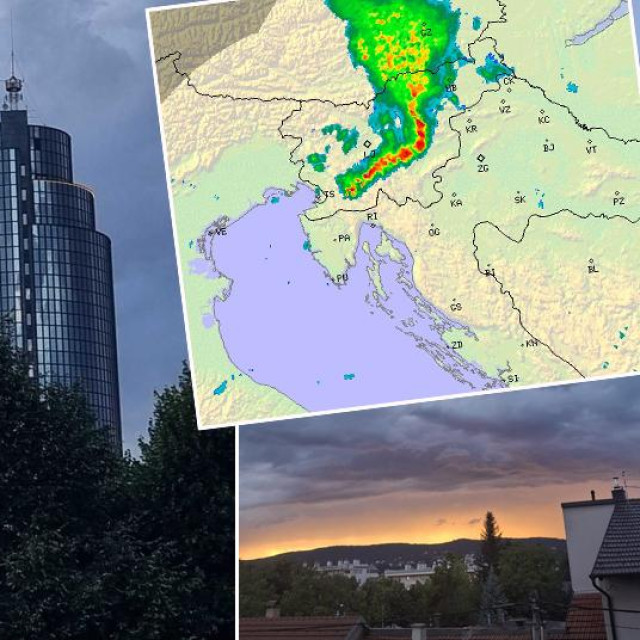 Tamno nebo nad Zagrebom i karta DHMZ-a na kojoj se vidi približavanje oluje iz smjera Slovenije