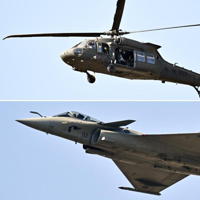 Black Hawk; Dassault Rafale; Canadair-415 CL u letu iznad Zagreba tijekom probe za mimohod