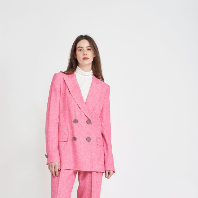 Ženski roza sako dvostrukog kopčanja od lana i viskoze (redovna cijena 239 eura, snižena 119,50 eura)
