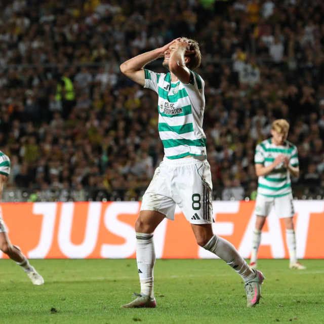 Benjamin Nygren of Celtic reacts to missing an opportunity