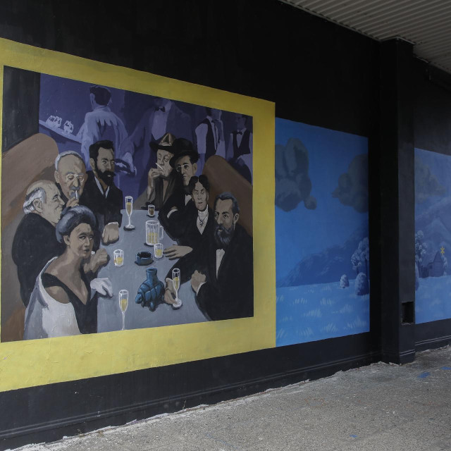 Mural poznatog domaćeg umjetnika na bočnom zidu knjižnice Vladimira Nazora