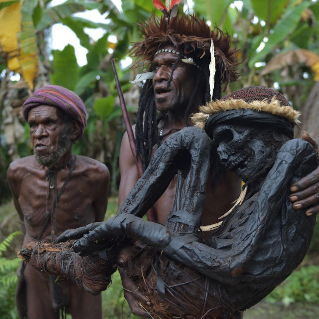 Ova fotografija, snimljena 7. kolovoza 2016. godine, prikazuje vođu plemena Eli Mabela (u sredini) kako drži mumificirane ostatke svog pretka, Agata Mametea Mabela, u selu Wogi, smještenom u Wameni, na visokom Papuanskom gorju, domovini plemena Dani. Iako mumifikacija pušenjem više nije praksa među članovima plemena Dani, oni i dalje čuvaju brojne mumije, od kojih su neke stare i nekoliko stotina godina. Ove mumije simboliziraju najviši oblik poštovanja prema njihovim precima, a posljednjih godina privukle su brojne turiste iz cijelog svijeta