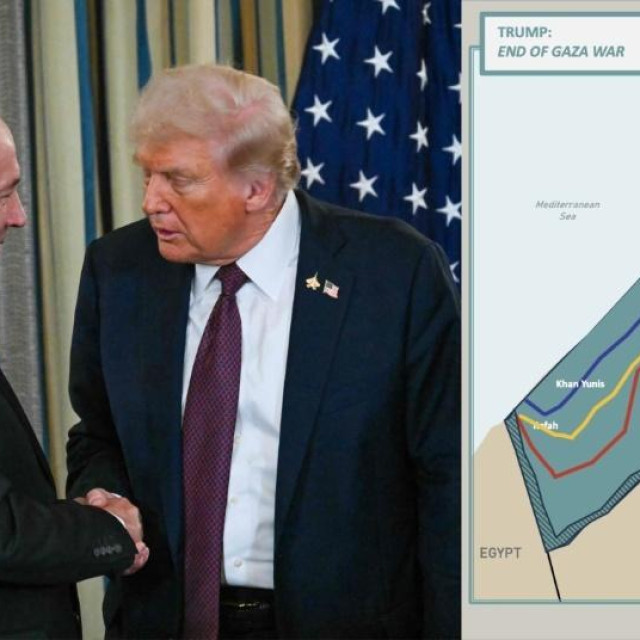 Izraelski premijer Benjamin Netanyahu i američki predsjednik Donald Trump; karta Gaze na kojoj se mogu vidjeti faze povlačenja izraelskih snaga
