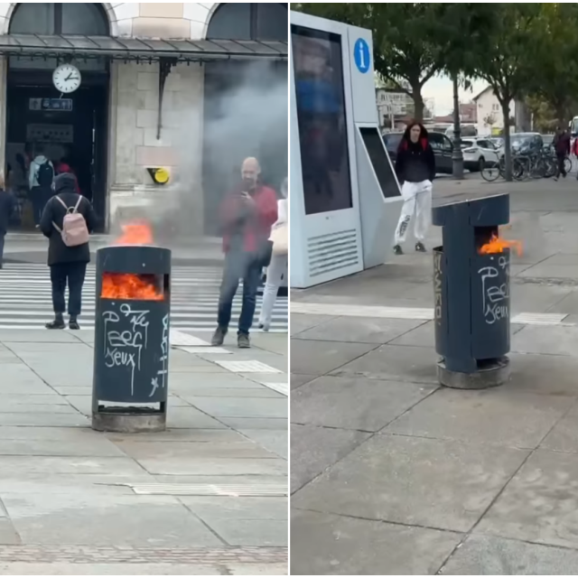 Goruća kanta za otpad ispred Glavnog kolodvora