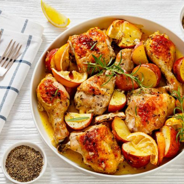 Lemon Garlic Chicken with roasted potatoes, spices and herbs on dish on white wood table, horizontal view from above