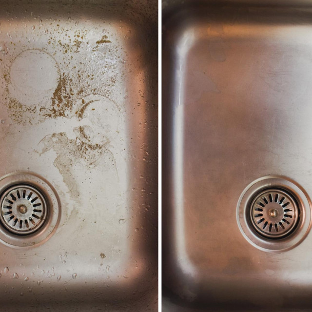 Prljavi sudoper prije i poslije čišćenja 