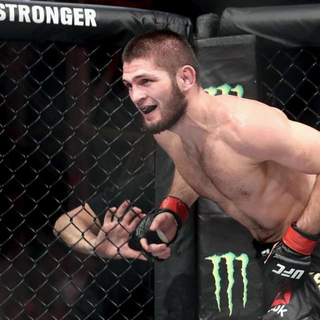 ABU DHABI, UNITED ARAB EMIRATES – SEPTEMBER 7, 2019: UFC lightweight champion Khabib Nurmagomedov celebrates defending his title in a bout against interim UFC lightweight champion Dustin Poirier at the UFC 242 mixed martial arts tournament. Valery Sharifulin/TASS/Sipa USA,Image: 469639229, License: Rights-managed, Restrictions: *** World Rights Except Russia and Japan ***, Model Release: no, Credit line: TASS/ddp USA/Profimedia
