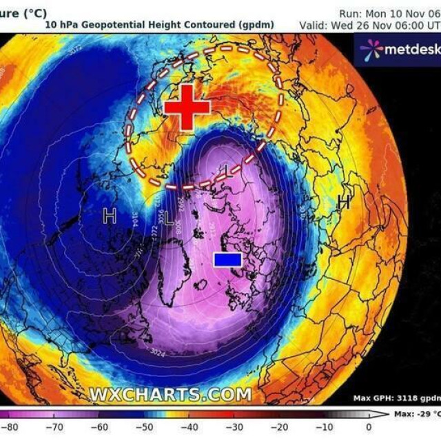 Mogućnost slabljenja polarnog vrtloga koncem studenoga...