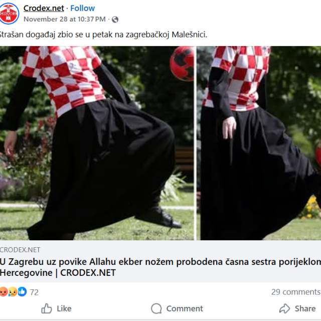Screenshot s Facebooka protala Crodex.net, primjer širenja dezinformacija o napadu na časnu sestru u Zagrebu