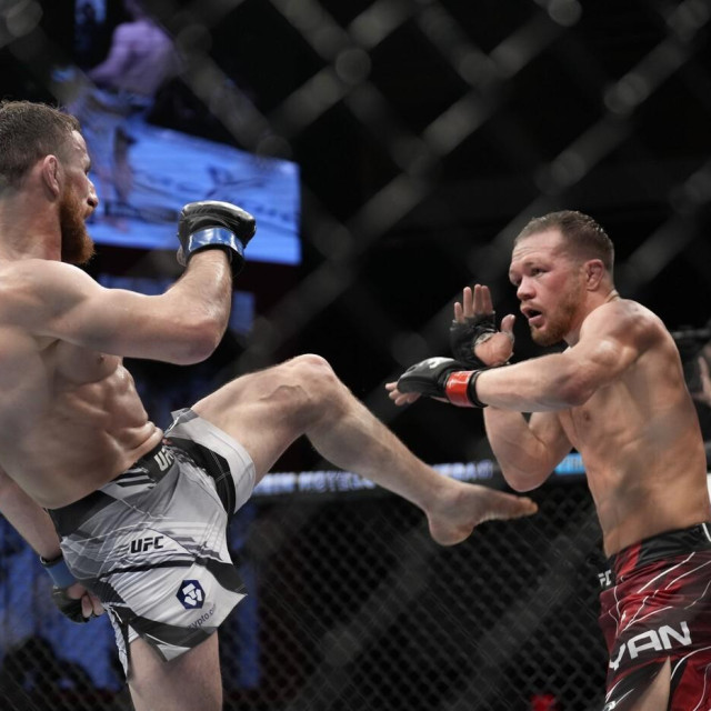 LAS VEGAS, NV - MARCH 11: (L-R) Merab Dvalishvili kicks Petr Yan in their Bantamweight fight during the UFC Fight Night: Yan vs. Dvalishvili event at The Theater at Virgin Hotels on March 11, 2023 in Las Vegas, NV, USA.,Image: 762168663, License: Rights-managed, Restrictions: FOR EDITORIAL USE ONLY. Icon Sportswire (A Division of XML Team Solutions) reserves the right to pursue unauthorized users of this image. If you violate our intellectual property you may be liable for: actual damages, loss of income, and profits you derive from the use of this image, and, where appropriate, the costs of collection and/or statutory damages up to $150,000 (USD)., Model Release: no, Credit line: Louis Grasse/PxImages/Icon Sportswire/Newscom/Profimedia