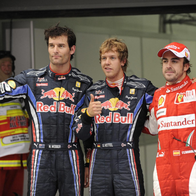 Posljednji troboj za titulu u završnoj utrci sezone dogodio se 2010. u režiji Sebastiana Vettela, kasnijeg prvaka, Marka Webbera (lijevo) i Fernanda Alonsa (desno)