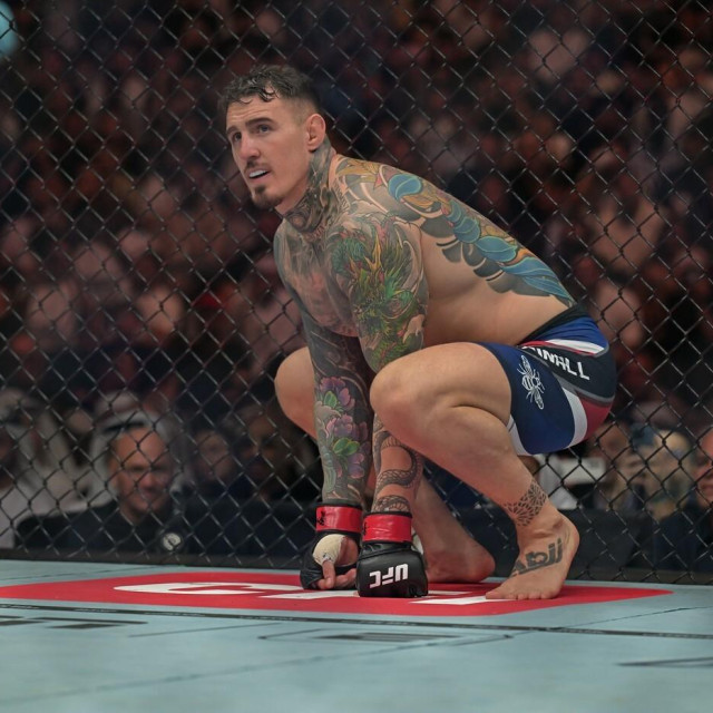 ABU DHABI, UAE - OCTOBER 25: Tom Aspinall (red) of UK competes against French fighter Ciryl Gane (blue) in the Menâ€s heavyweight category during the UFC 321 Mixed Martial Arts event held at the Etihad Arena in Abu Dhabi, United Arab Emirates, on October 25, 2025. Waleed Zein/Anadolu,Image: 1048173016, License: Rights-managed, Restrictions:, Model Release: no, Credit line: Waleed Zein/AFP/Profimedia