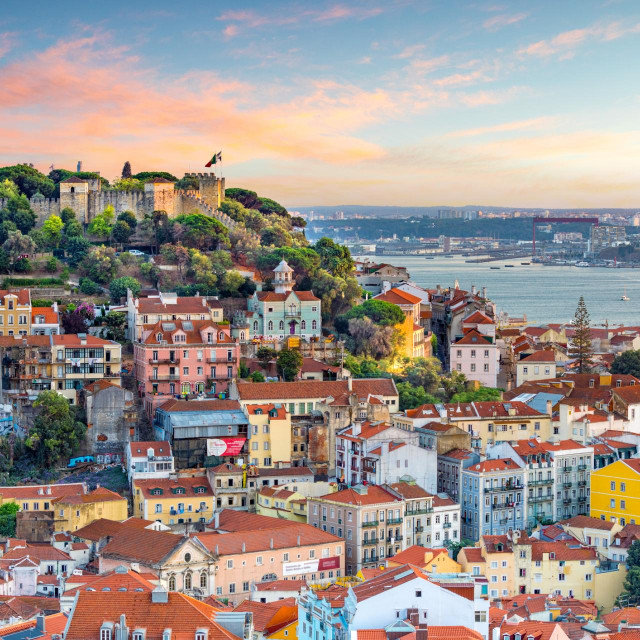 Lisbon, Portugal skyline at Sao Jorge Castle at sunset.