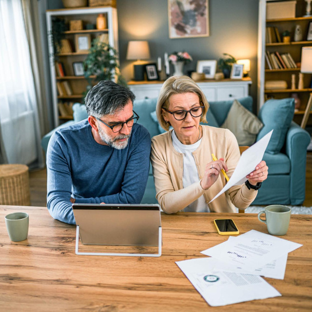 Mature couple manages expenses and bills together at home