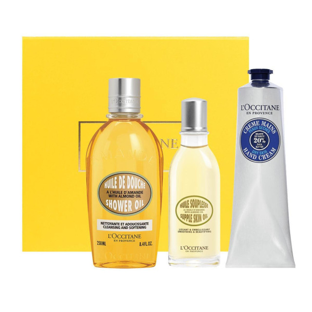 setu L‘Occitane ikone nalaze se bademovo ulje za tuširanje i ulje za podatknu kožu te krema za ruke Karite