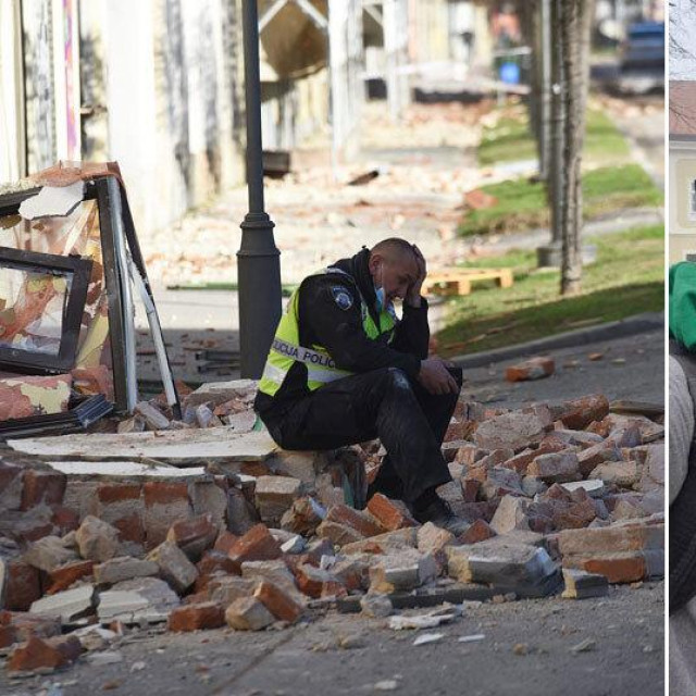 policajac Miroslav Vuković snimljen u Petrinji 29.12.2020.; Robert Fajt, Mario Pušić i Miroslav Vuković u Petrinji 29.12.2025.