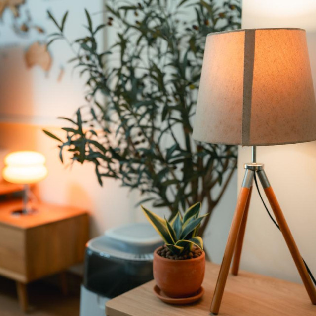 A modern living room filled with cozy charm, featuring warm ambient lighting, soft cushions, potted greenery, and a Samsung air purifier. The tranquil space reflects a perfect blend of comfort, style, and wellness-focused living.