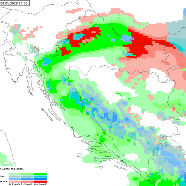 Prognoza vrste oborine prognostičkog modela Aladin za petak, 9. siječnja 2026. u 17 UTC (18 sati po lokalnom vremenu). Crvena boja označava kišu koja se smrzava, plava boja susnježicu i snijeg, a zelena kišu. Različite nijanse boja predstavljaju različite intenzitete oborine.