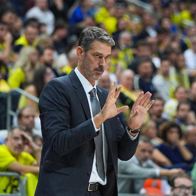 ISTANBUL, TURKIYE - OCTOBER 14: Head coach Jurica Golemac of Dubai Basketball gives tactics to his team during the EuroLeague week 4 basketball match between Fenerbahce Beko and Dubai Basketball in Istanbul, Turkiye on October 14, 2025. Adem Kutucu/Anadolu (Photo by Adem Kutucu/Anadolu via AFP)