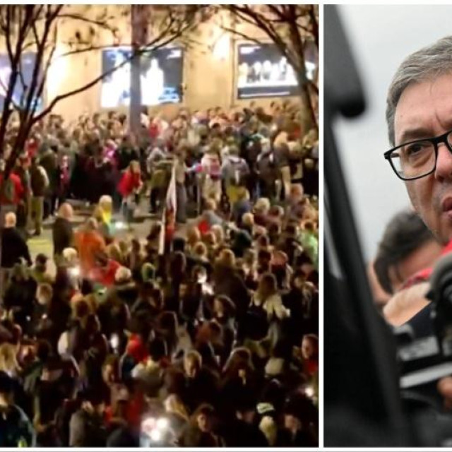Aleksandar Vučić i prizor iz Beograda 15. ožujka kada su prosvjednici tvrdili da je korišten zvučni top
