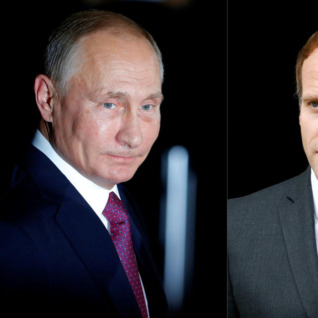 Ruski predsjednik Vladimir Putin; francuski predsjednik Emmanuel Macron