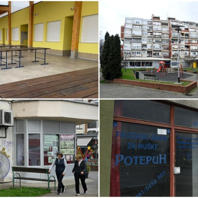 Pusta nova tržnica u Vrapču (gore lijevo) i zatvoreni kultni frizerski salon Potepuh (dolje desno)
